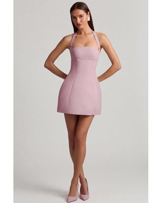 Oh Polly Pink Pinstripe Halterneck Structured A-Line Mini Dress