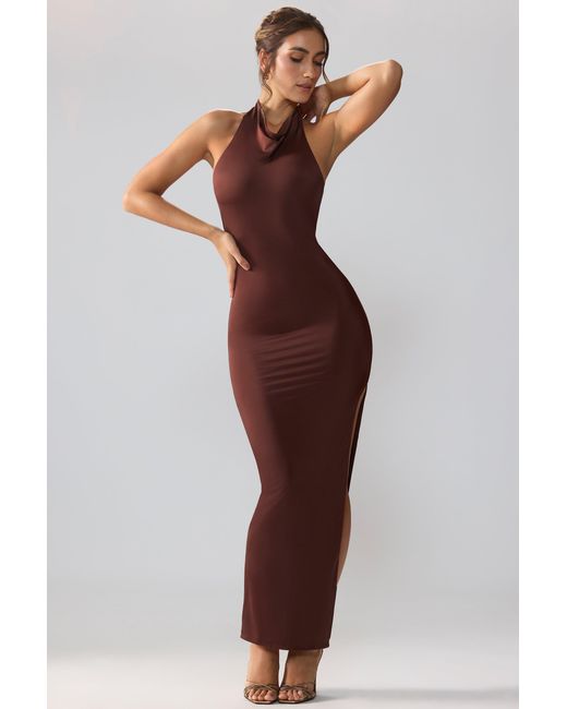 Oh Polly Brown Jersey Cowl Neck Backless Maxi Dress