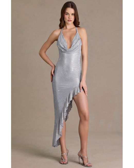 Oh Polly Metallic Embellished Plunge Asymmetric Maxi Dress