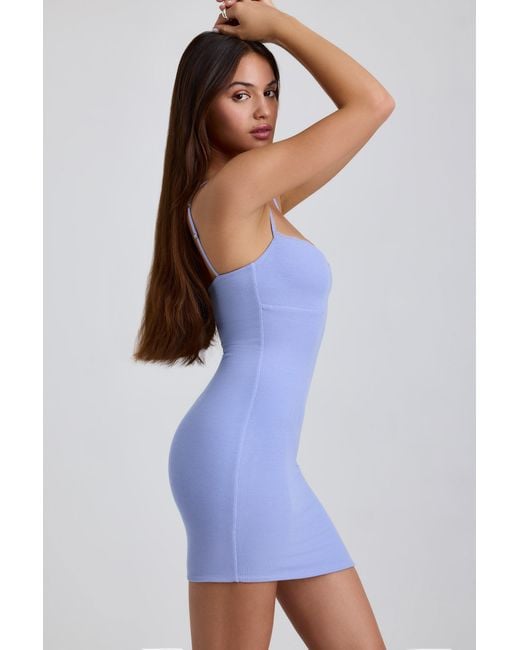 Oh Polly Blue Ribbed Modal Lace-Trim Mini Dress
