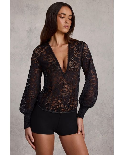 Oh Polly Black Sheer Lace Plunge-Neck Loose-Fit Playsuit