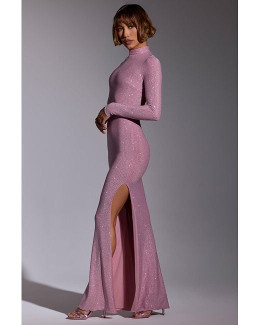 Oh Polly Pink Embellished Long Sleeve Evening Gown