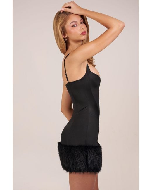 Oh Polly Black Satin Square-Neck Corset Faux-Fur Mini Dress