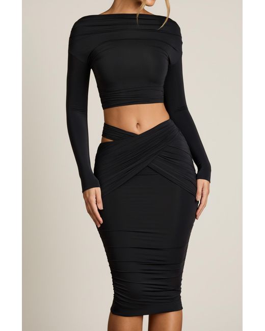 Oh Polly Black Cut-Out Draped High-Rise Midi Skirt