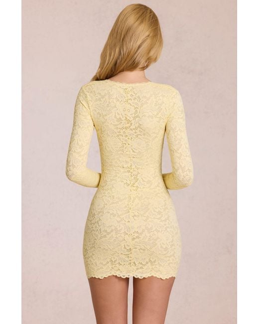 Oh Polly Yellow Scalloped-Lace Long-Sleeve Mini Dress