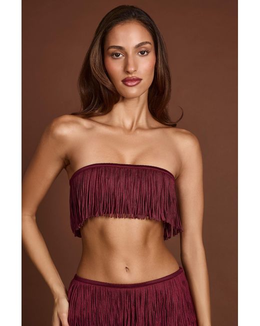 Oh Polly Red Fringed Bandeau Lace-Up Crop Top