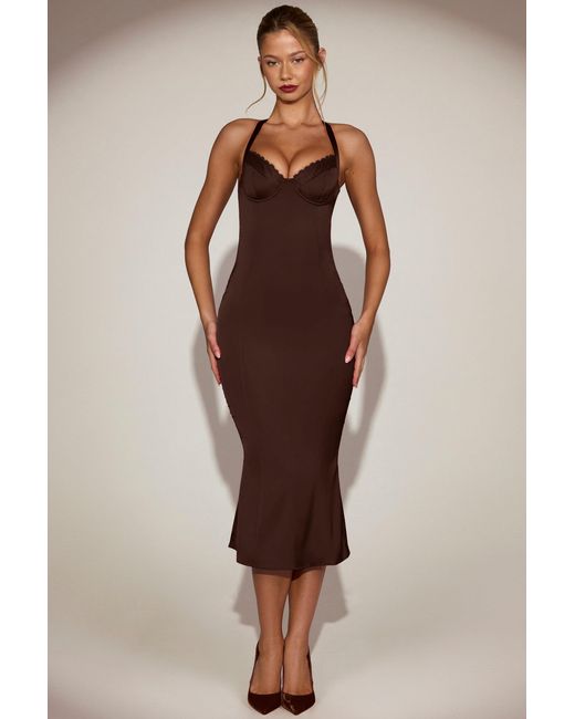 Oh Polly Brown Satin Sweetheart Bustier Fishtail Midaxi Dress