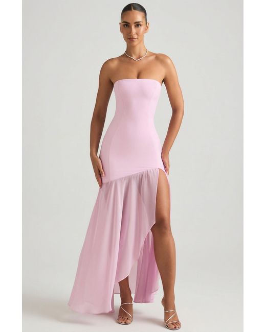 Oh Polly Pink Asymmetric Strapless Fishtail Maxi Dress