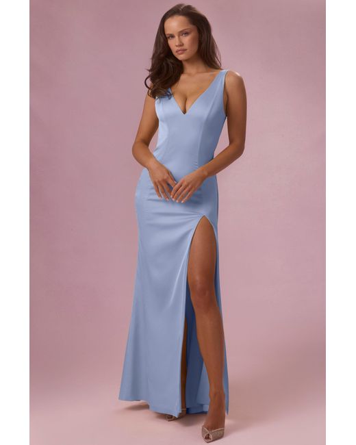 Oh Polly Blue Satin Draped Bridesmaid Dress