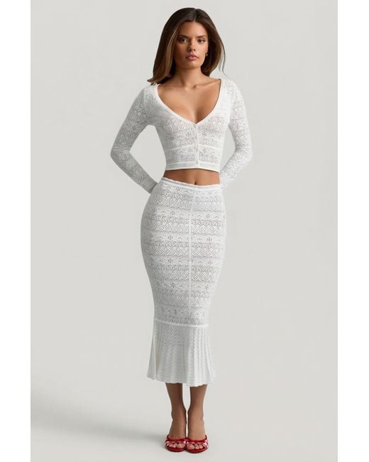 Oh Polly White Ruffle-Trim Pointelle-Knit Midaxi Skirt