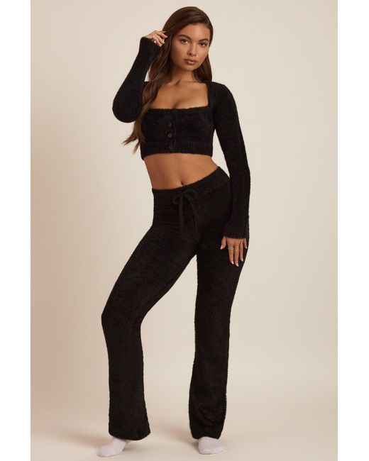 Oh Polly Black Fluffy Knit Wide-Leg Trousers
