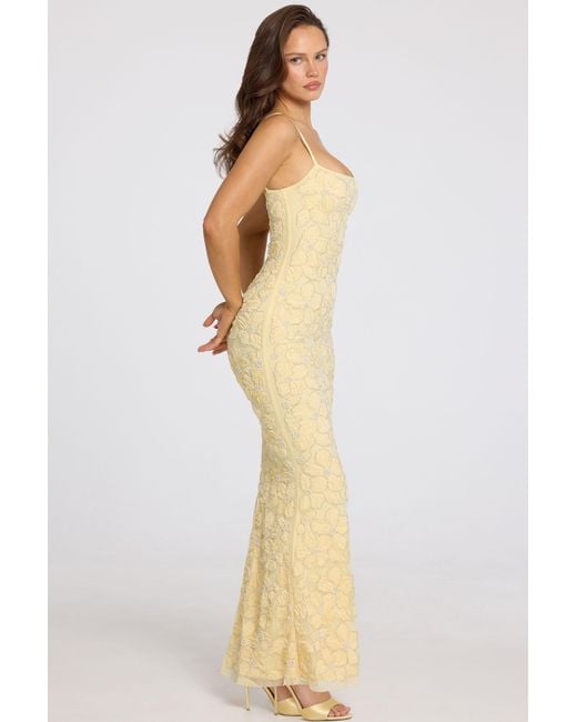 Oh Polly Yellow Embellished Square-Neck Maxi Dress