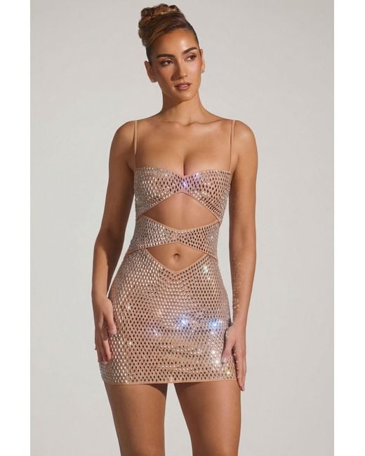 Oh Polly Natural Embellished Cut-Out Mini Dress