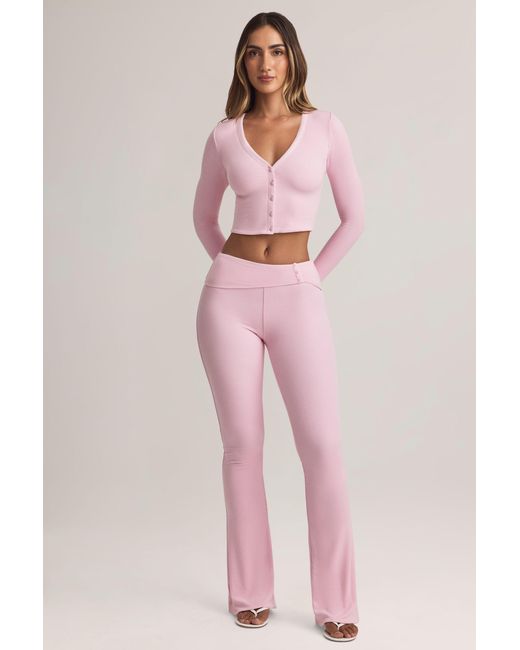 Oh Polly Pink Modal Foldover Mid-Rise Flared Trousers