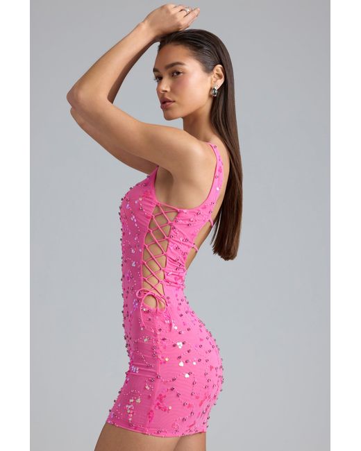 Oh Polly Pink Embellished Lace-Up Mini Dress