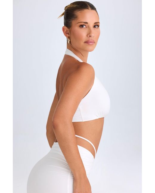 Oh Polly White Plunge Hardware-Detail Halterneck Crop Top