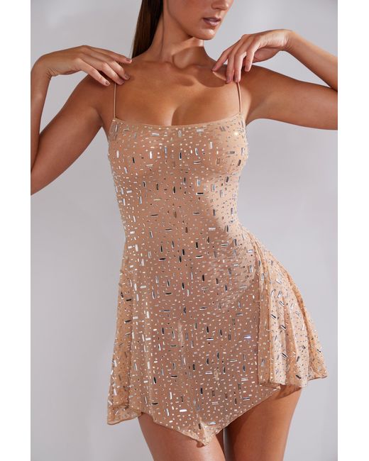 Oh Polly Natural Sheer Embellished Scoop Neck Mini Dress