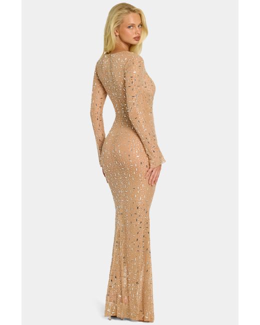 Oh Polly Natural Sheer Embellished Long Sleeve Evening Gown