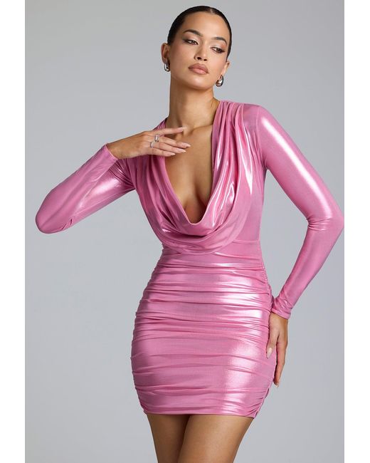 Oh Polly Pink Long Sleeve Metallic Jersey Mini Dress