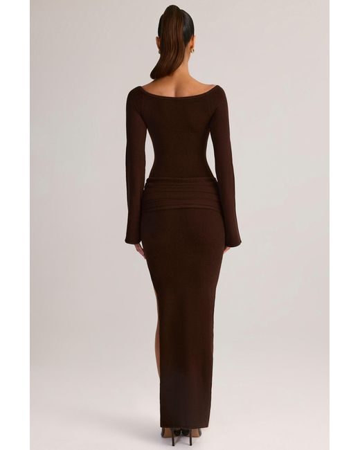 Oh Polly Brown Rib-Knit Boat-Neck Long-Sleeve Maxi Dress