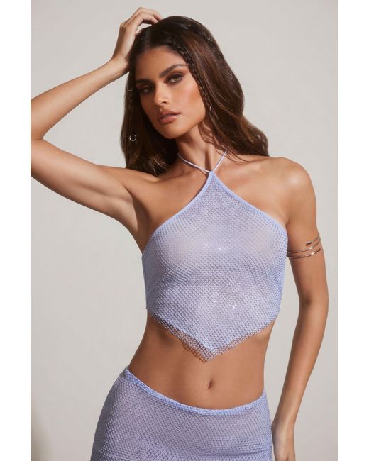 Oh Polly Blue Embellished Open Back Crop Top