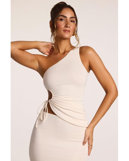 Oh Polly White Textured Jersey Ruched Cut-Out One Shoulder Top