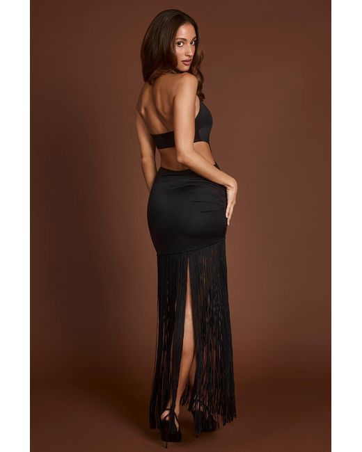 Oh Polly Black Fringed Plunge-Neck Maxi Dress