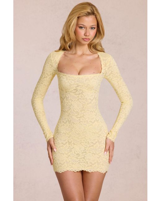 Oh Polly Yellow Scalloped-Lace Long-Sleeve Mini Dress
