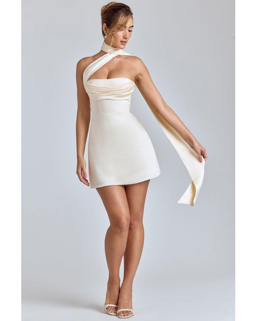 Oh Polly White Draped Halterneck Satin Mini Dress