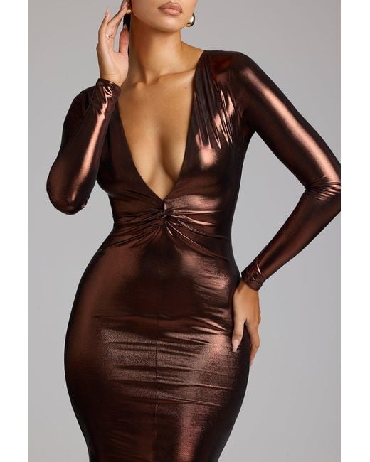 Oh Polly Brown Long Sleeve Metallic Jersey Evening Gown