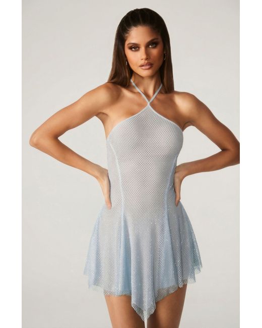 Oh Polly Blue Embellished Lace Up Back Mini Dress