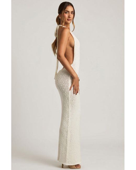 Oh Polly White Bouclé Halterneck Maxi Dress