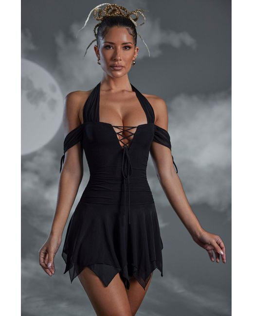 Oh Polly Black Lace Up Halter Neck Mini Dress