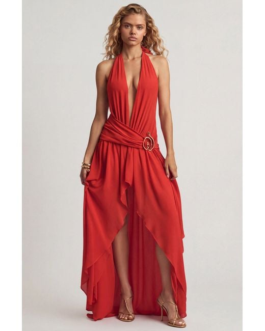 Oh Polly Red Asymmetric Halterneck Maxi Dress