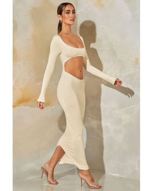 Oh Polly Natural Long Sleeve Cut Out Maxi Dress