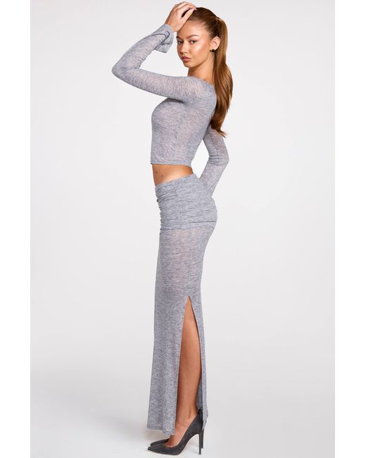 Oh Polly Gray Sheer Jersey Low-Rise Draped Maxi Skirt
