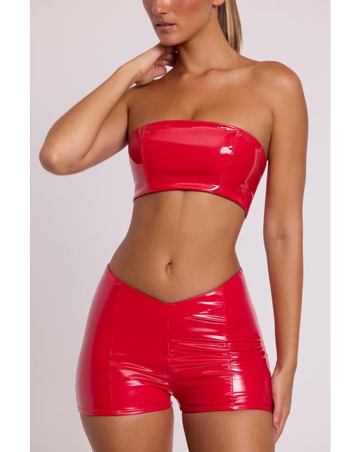 Oh Polly Red Vinyl Angled Waist Mini Shorts