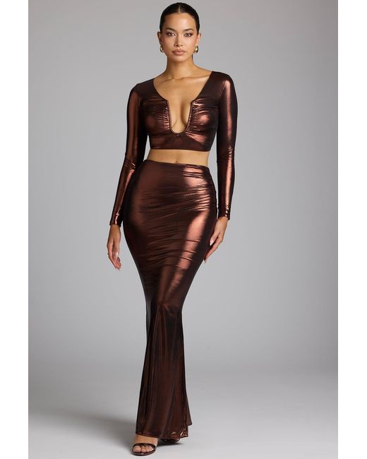 Oh Polly Brown Mid Rise Metallic Jersey Maxi Skirt