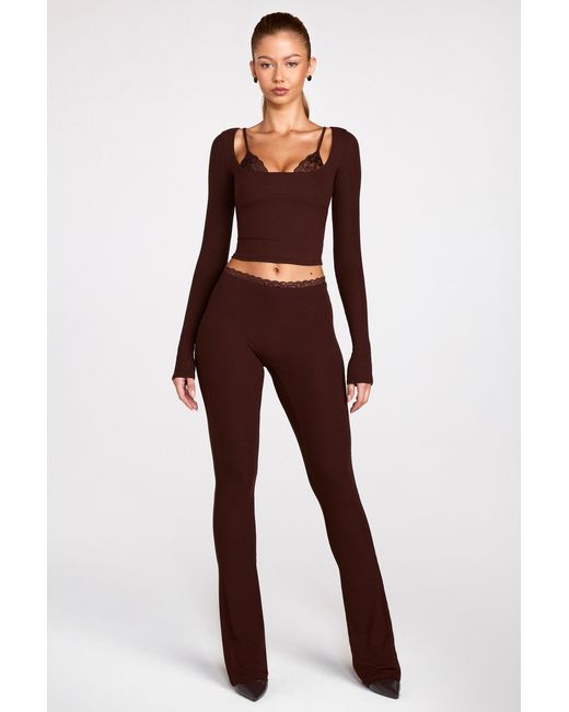 Oh Polly Brown Modal Mid-Rise Flared Trousers