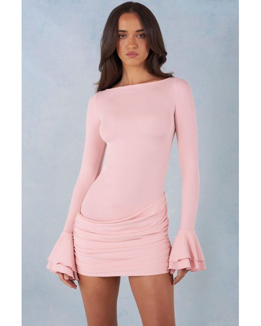 Oh Polly Pink Ribbed Modal Long-Sleeve Draped Mini Dress