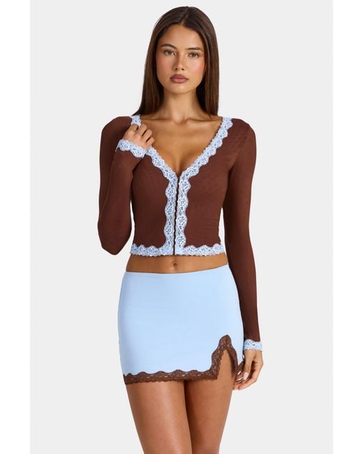 Oh Polly Brown Lace-Trim Cropped Cardigan