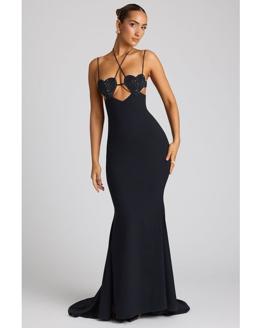 Oh Polly Black Embellished Heart Cup Detail Evening Gown