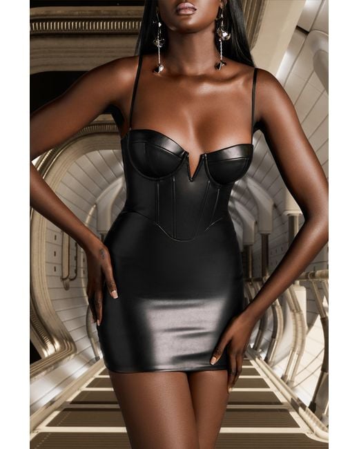 Oh Polly Brown Faux Leather Corset Mini Dress