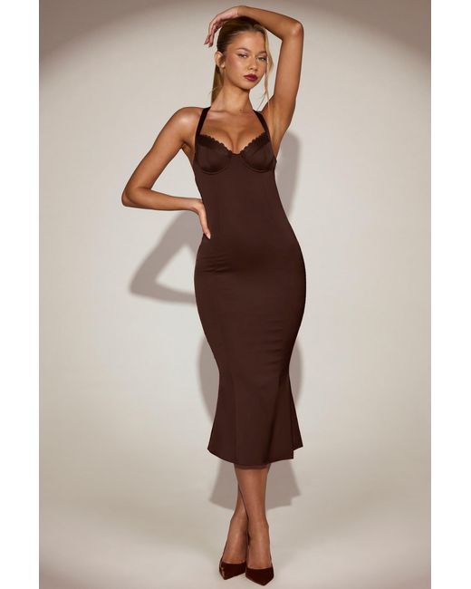 Oh Polly Brown Satin Sweetheart Bustier Fishtail Midaxi Dress