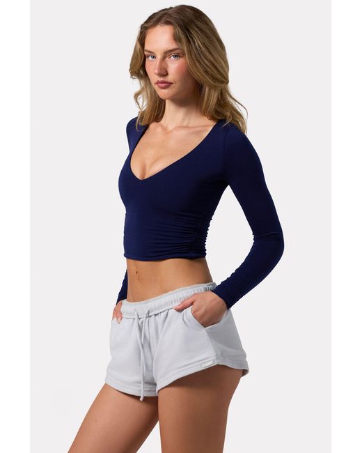 BO+TEE Blue Ruched Long-Sleeve Crop Top