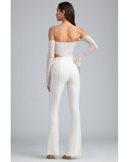 Oh Polly White Metallic Belted Mid-Rise Flared Trousers