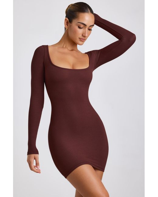 Oh Polly Brown Ribbed Modal Long Sleeve Mini Dress