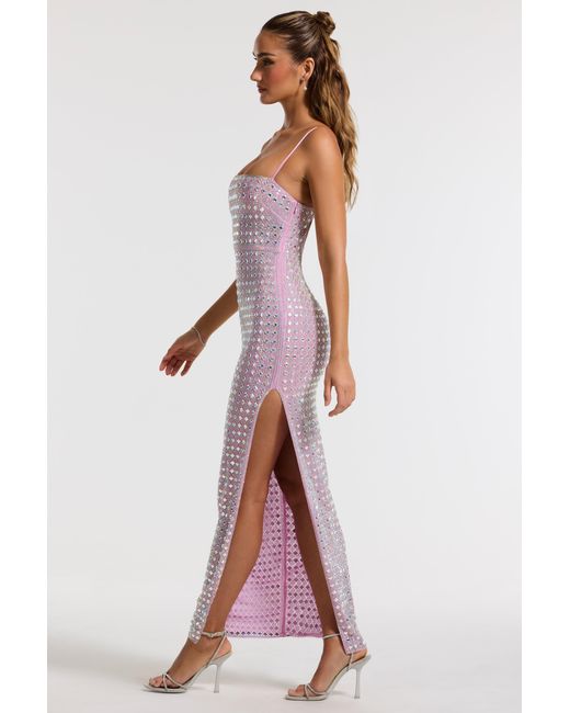 Oh Polly Purple Embellished Square Neck Thigh Split Gown
