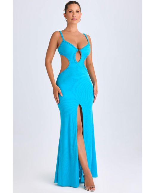 Oh Polly Blue Ruffle-Appliqué Cut-Out Maxi Dress