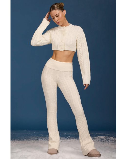 BO+TEE White Cable Knit Foldover Flared Trousers